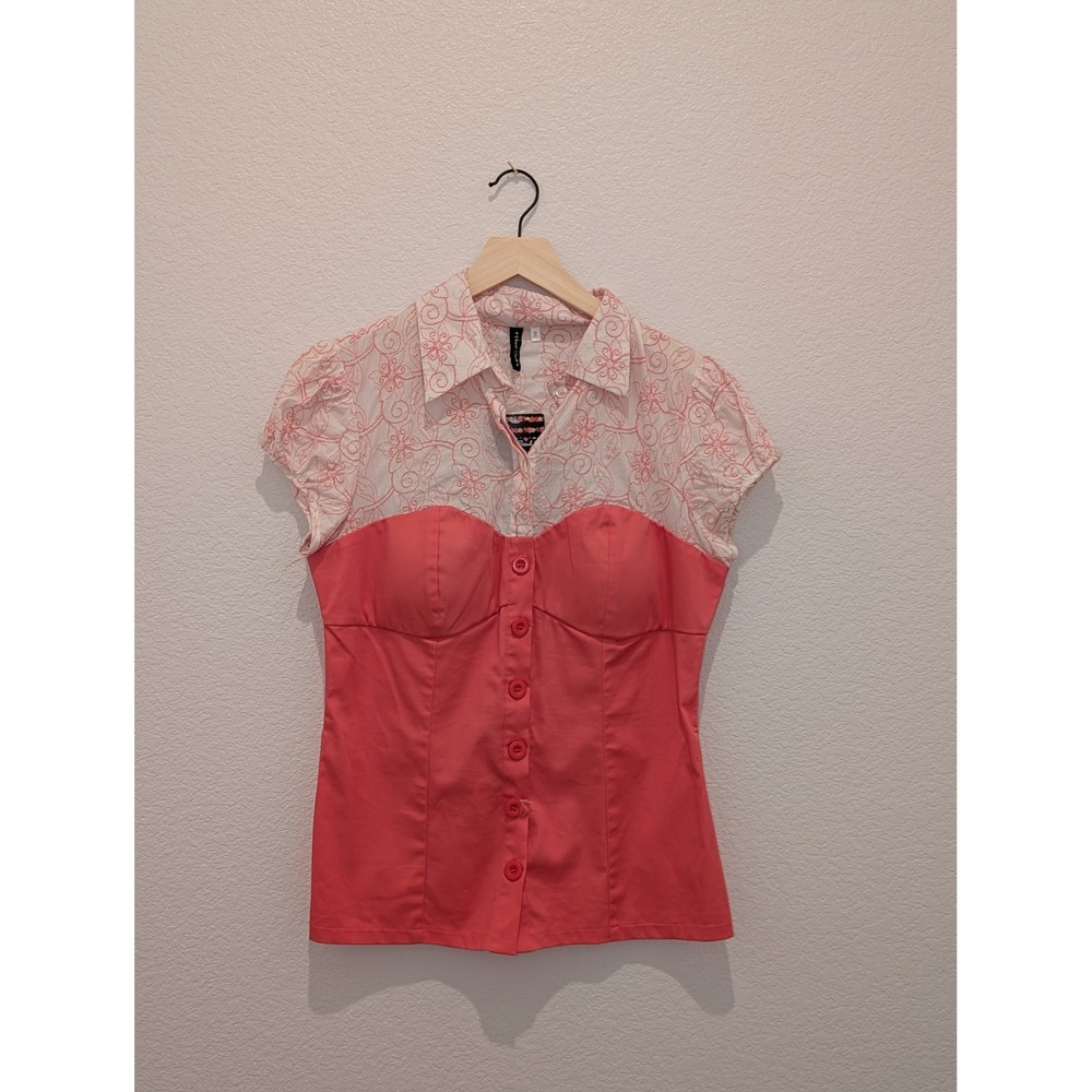 Heart Soul Coral Pink White Embroidered Bustier Button Up Top Womens XL